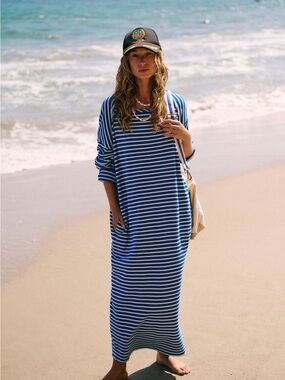 Free People Blue & White Striped Long Sleeve Maxi Dress
